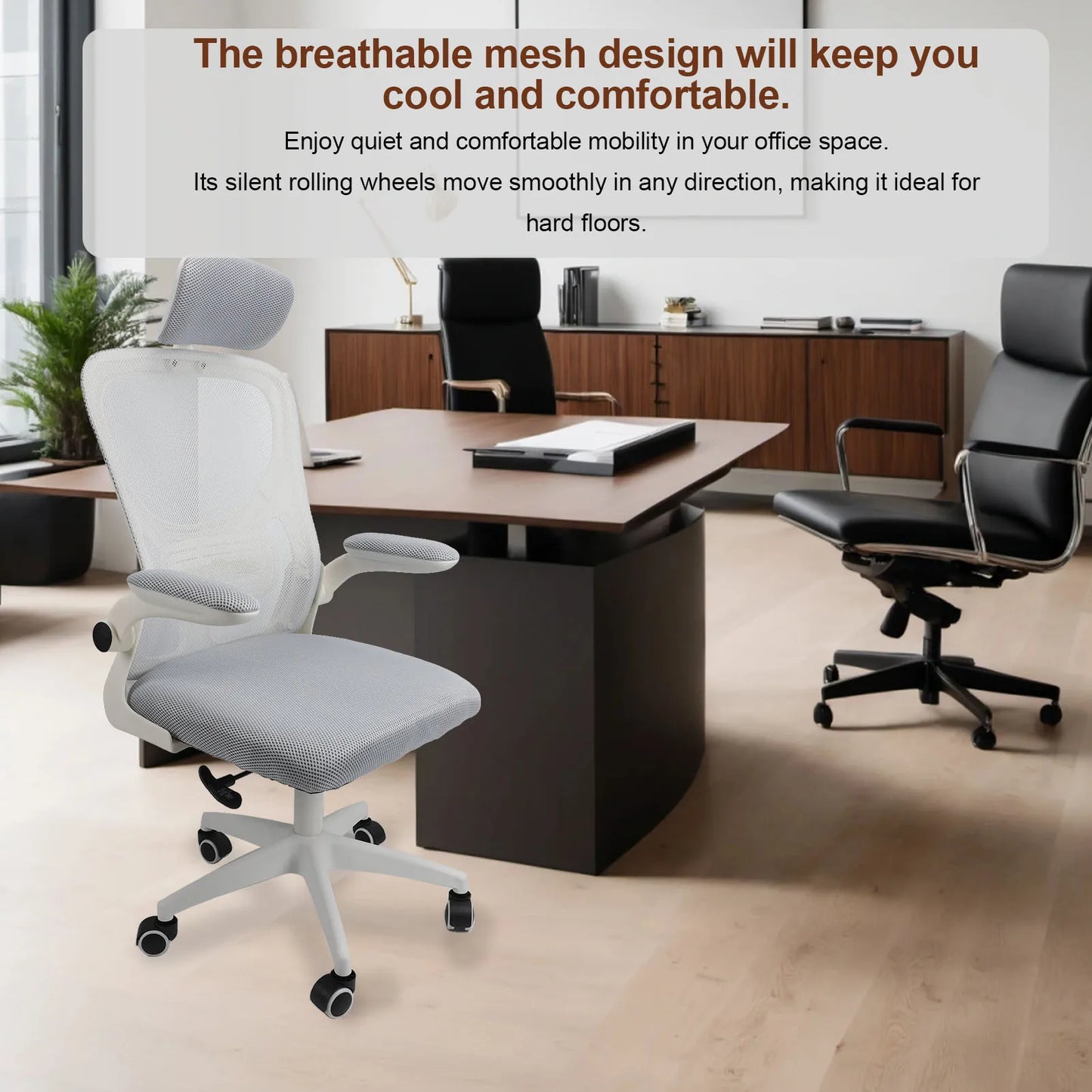 Computer Chair 90 Degree Rotating Armrests Elastic Lumbar Support Comfortable Chair 3D Headrest with 5 Wheels for Home