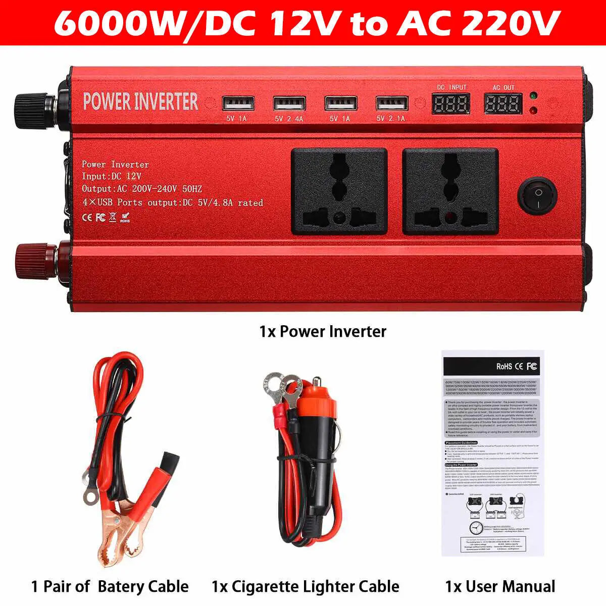 Car Power Inverter Converter Sine Wave DC 12V to AC 220V Transformer Convert LED Dispaly Converter Car Charger Converter Adapter