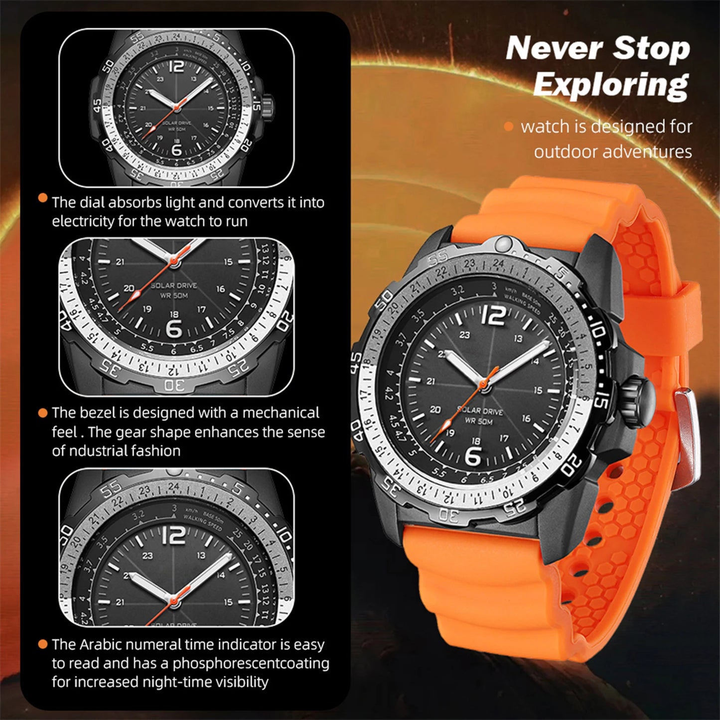 Men's Solar Powered Digital Watch 50M Waterproof Outdoor Sports Watch Luminous Watch