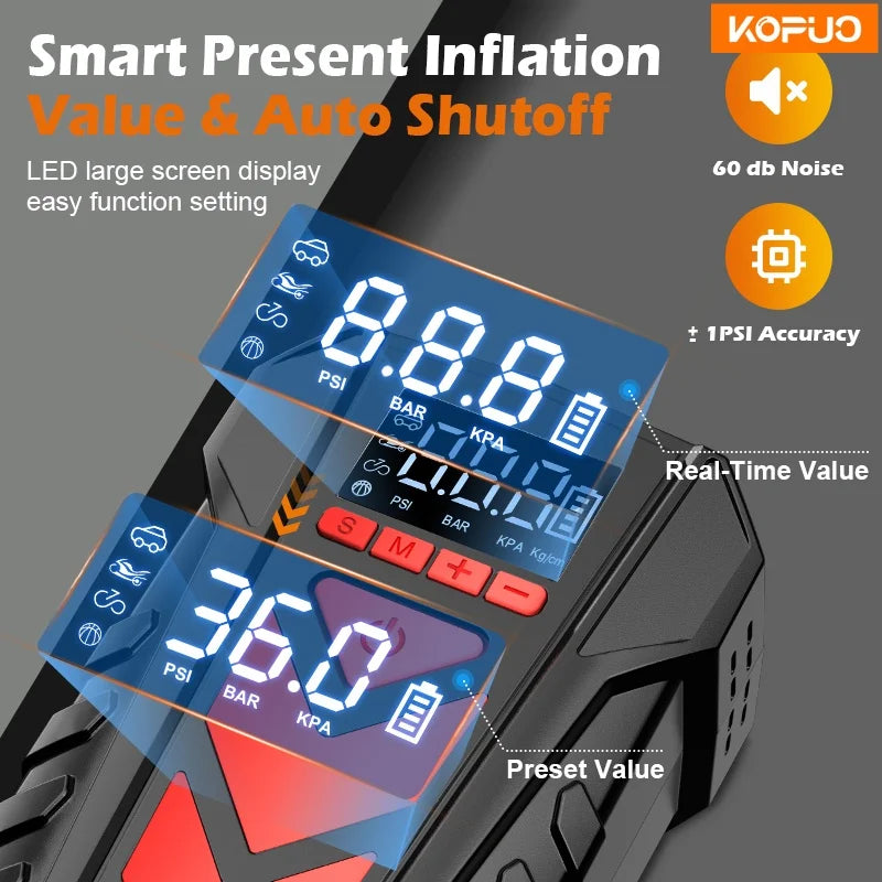 KOPUO 4000A 9-in-1 Jump Starter with Air Pump, for 9.0L Gas/8.0L Diesel, -40°C Cold Start, 150PSI Cordless Inflator, 3-Mode LED