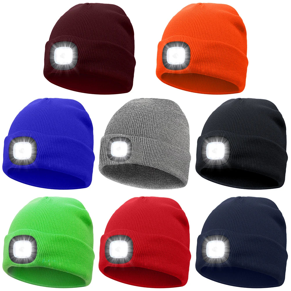 Winter Warm Knit Beanie 8 Hours High Powered Light 4 LED Beanie Hat USB Rechargeable Hands Free Headlamp Cap for Running Hiking
