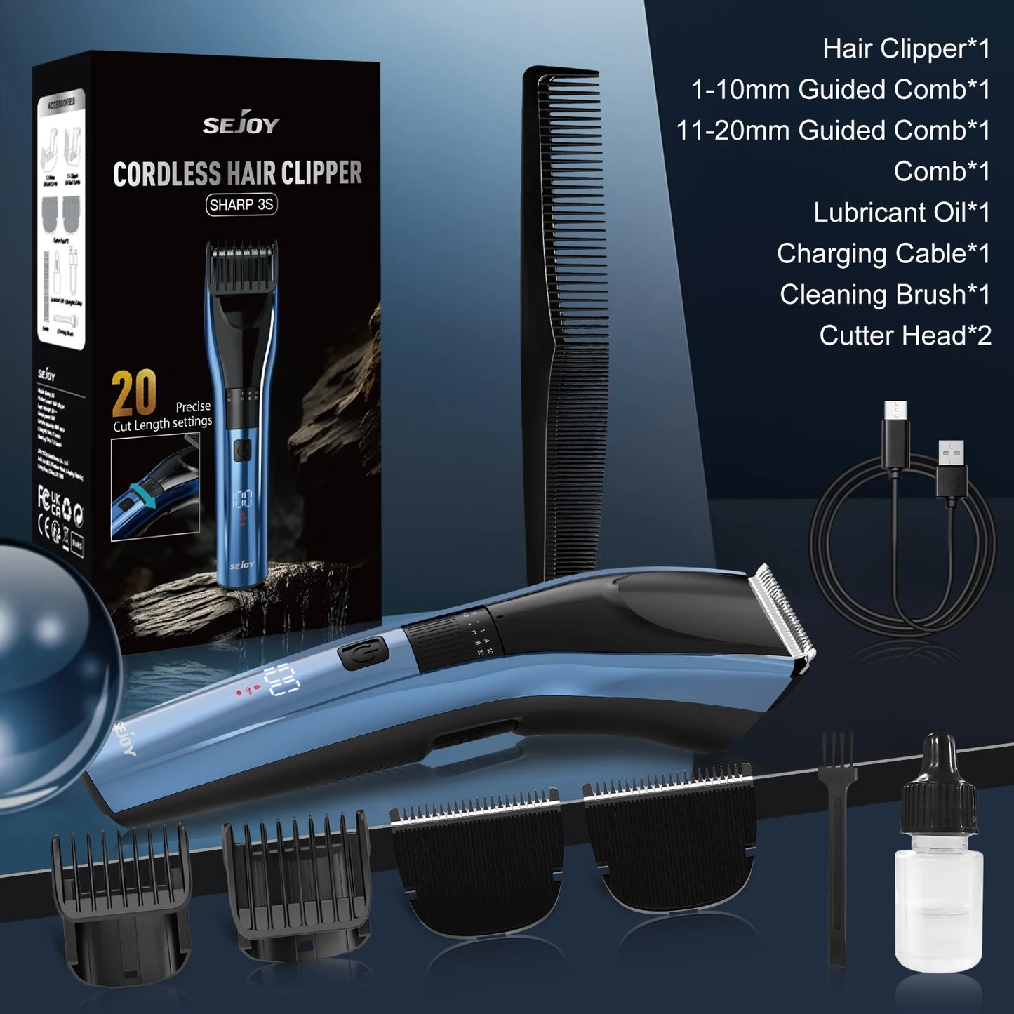 Sejoy Electric Hair Clipper For Men, 20 Gears Adjustable Hair Cut Machine Hair Trimmer Professional Rechargeable Hair Cut Barber