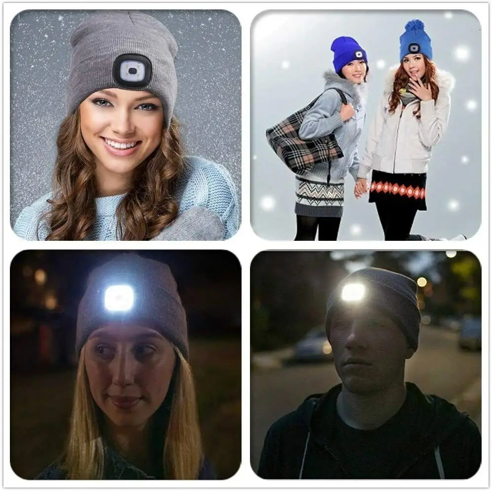 Unisex Winter Knitted Knit Hat Beanie Cap Comfy Woolly Warm Plain LED Head Torch