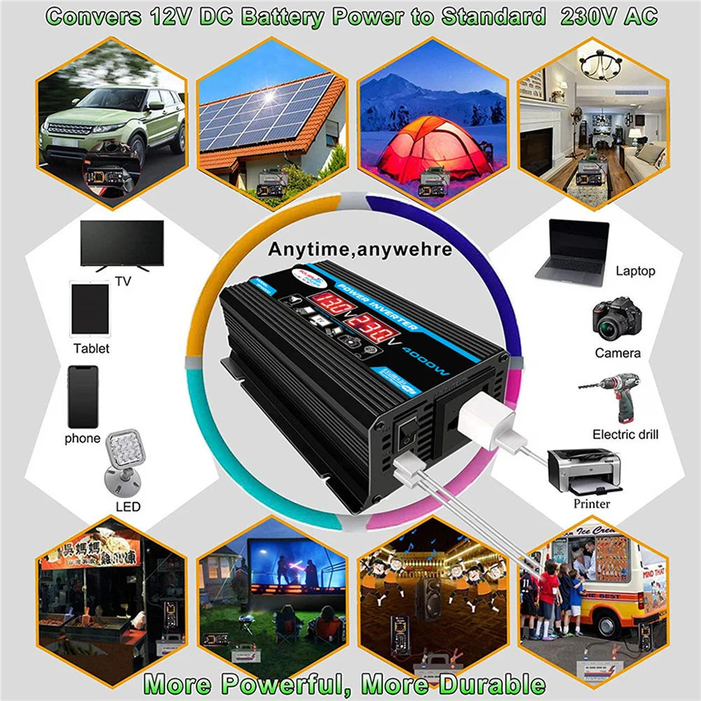 4000W Car Power Inverter DC 12V to AC 220V/110V Dual LCD Digital Display Voltage Transformer Car Charger Converter Adapter