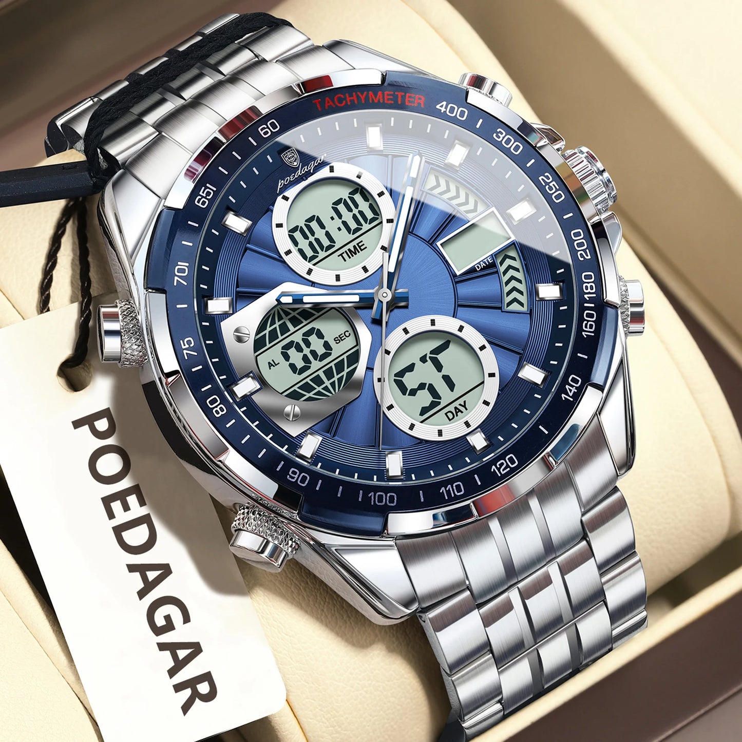POEDAGAR Top Man Clock Waterproof Electronic LED Luxury Men's Watches Dual Time Display Digital Stainless Steel Men Quartz Watch