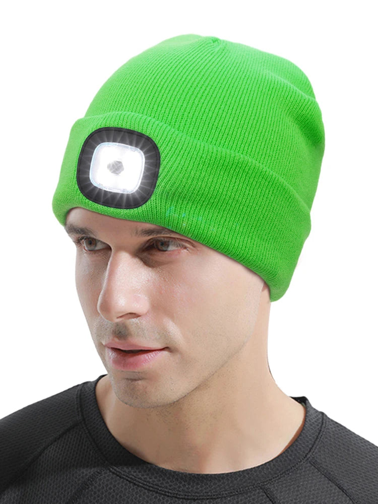 Winter Warm Knit Beanie 8 Hours High Powered Light 4 LED Beanie Hat USB Rechargeable Hands Free Headlamp Cap for Running Hiking