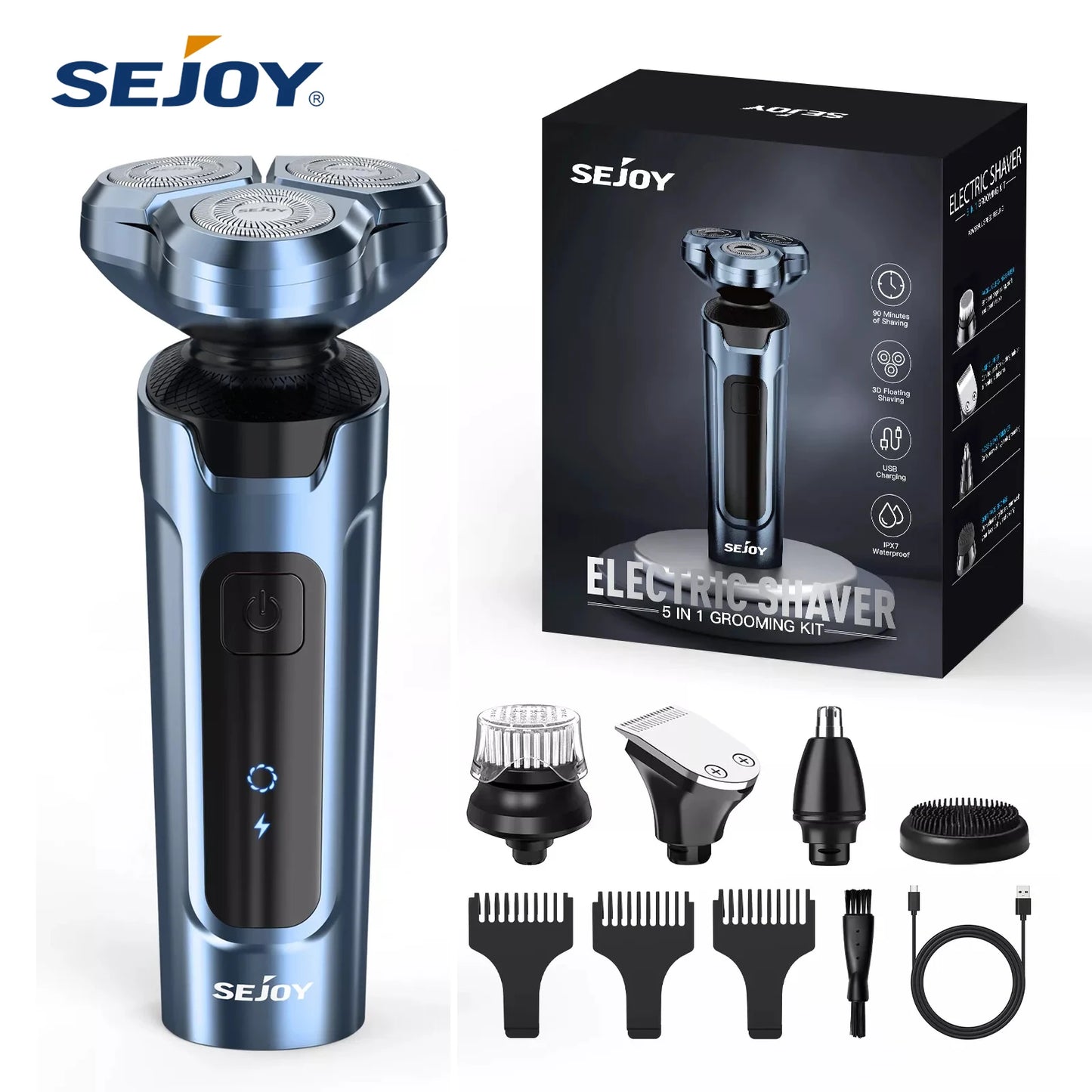 Sejoy Shaver Barber for Men 5 in 1 Electric Razor Rechargeable with Beard Trimmer Lithium Battery Portable Shavers for Travel