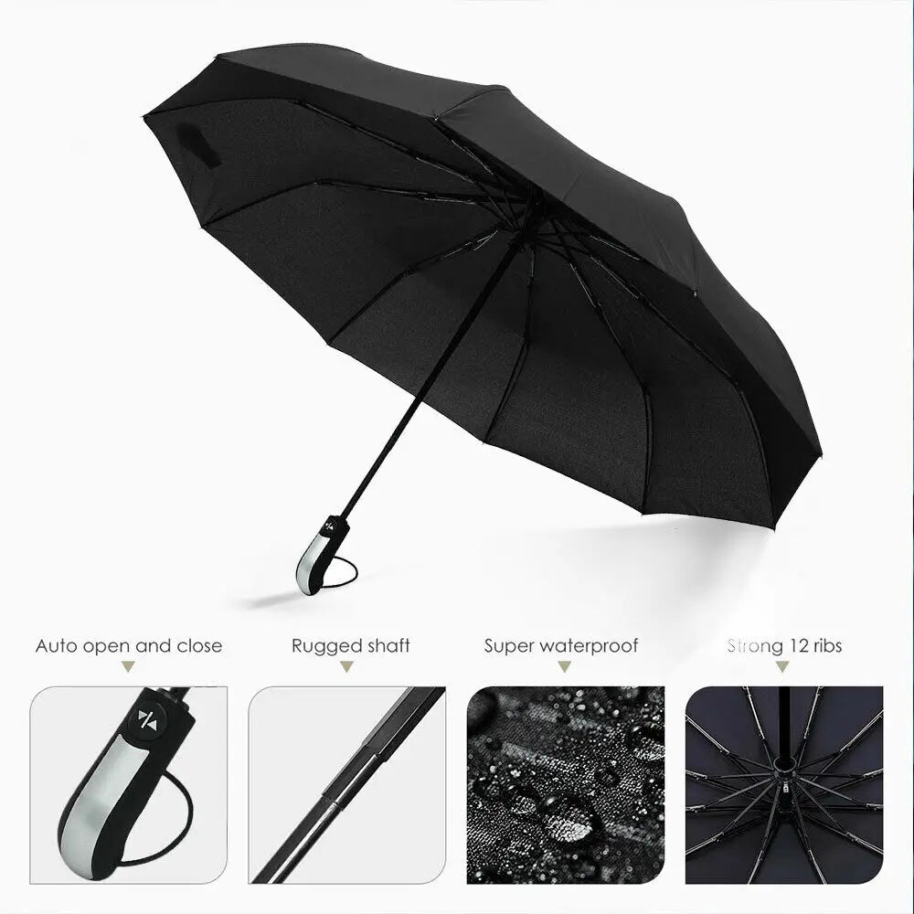 10 Ribs Strong Automatic Umbrella Auto Open Close Travel Compact Windproof Folding Umbrella Black