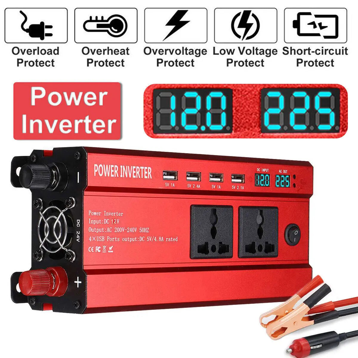 1500W Peak Power Inverter DC 12V to AC 220V 240V Automotive Converter with 2 LED Displays USB Port 4 2 AC Outlets