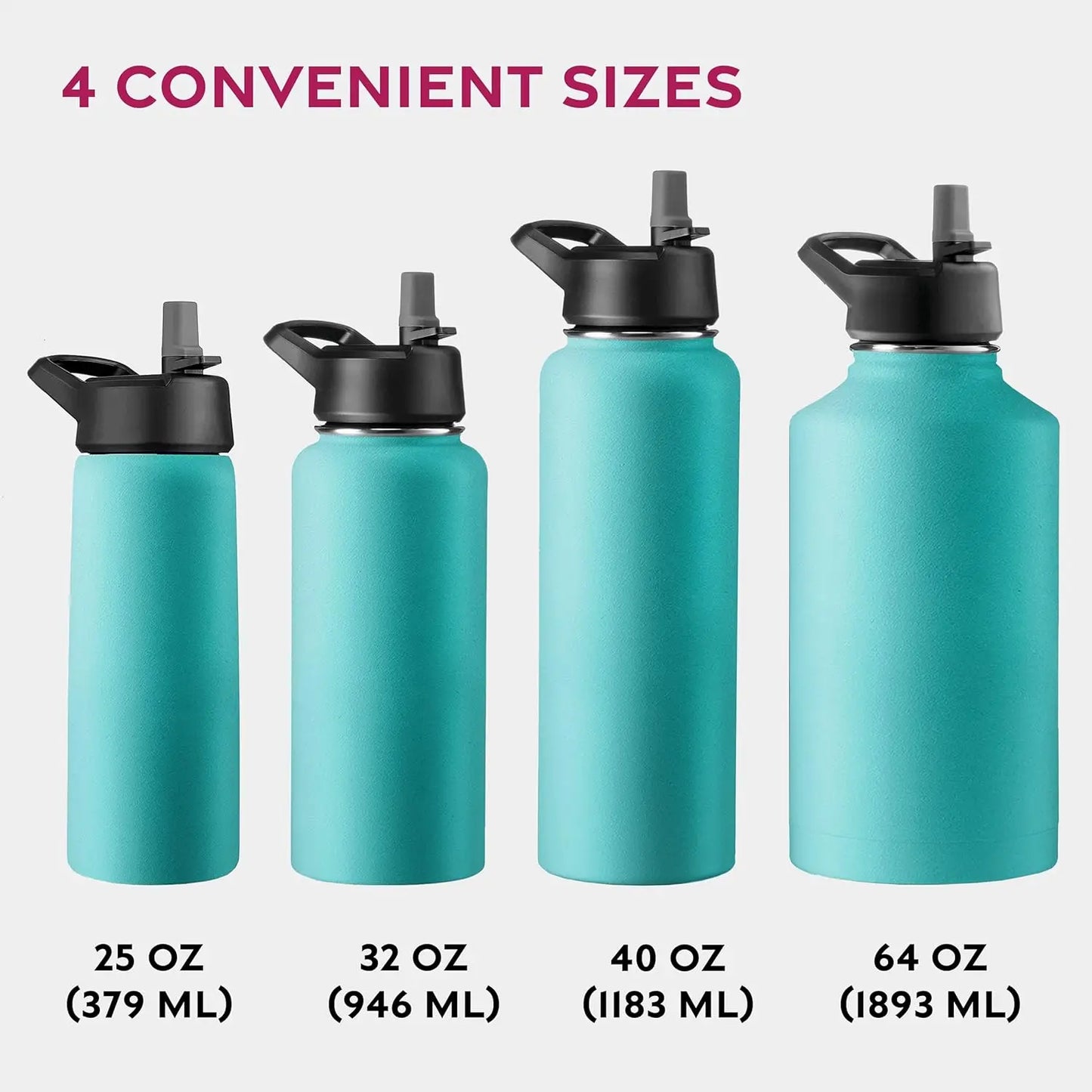 FineDine Triple Walled, Insulated Water Bottles with Straw - 32 Oz Stainless Steel Metal Bottle W/ 3 Leak Proof