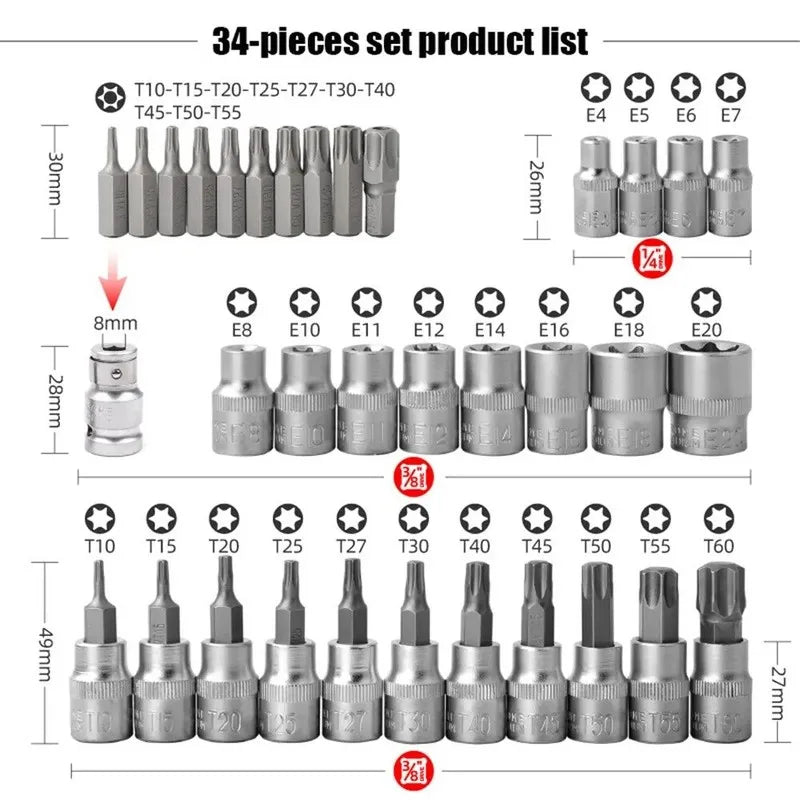 34PCS Drive Male Female Torx Torque Tork Star Bit Chrome Repair Sockets Auto Kit