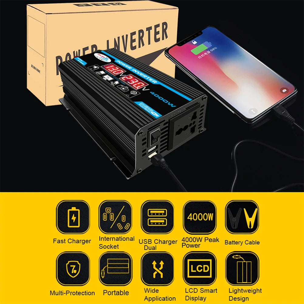 4000W Car Power Inverter DC 12V to AC 220V/110V Dual LCD Digital Display Voltage Transformer Car Charger Converter Adapter