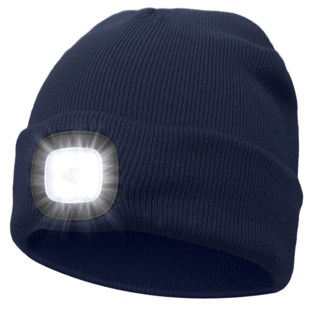 Winter Warm Knit Beanie 8 Hours High Powered Light 4 LED Beanie Hat USB Rechargeable Hands Free Headlamp Cap for Running Hiking