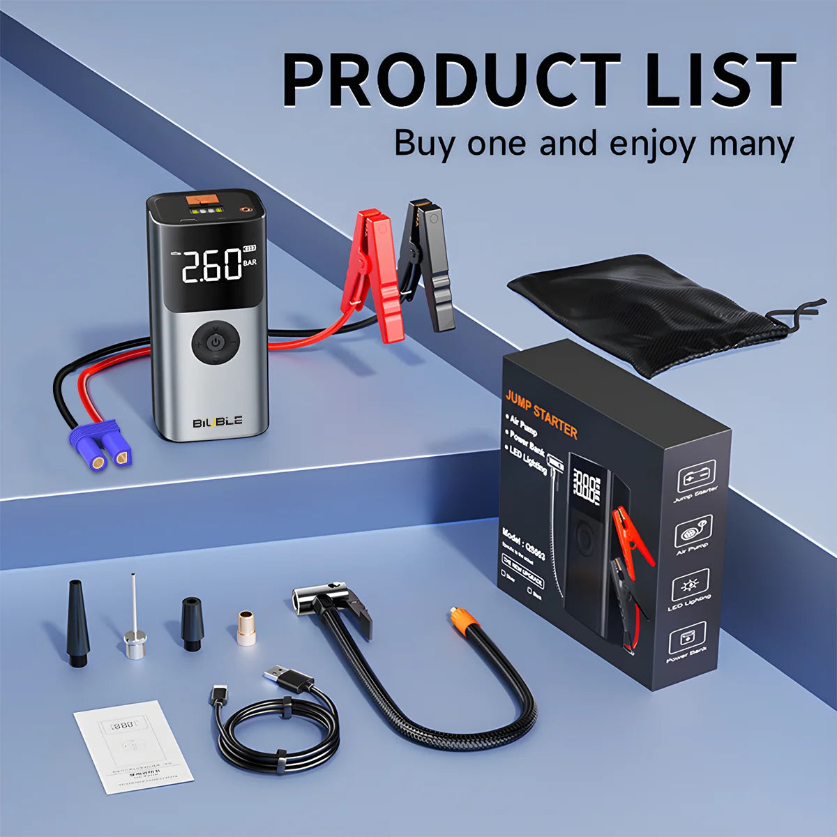 4 In 1 5000A Car Jump Starter 150PSI Air Pump 12V Battery Booster for 8.0L Gasoline and 6.0L Diesel Engines