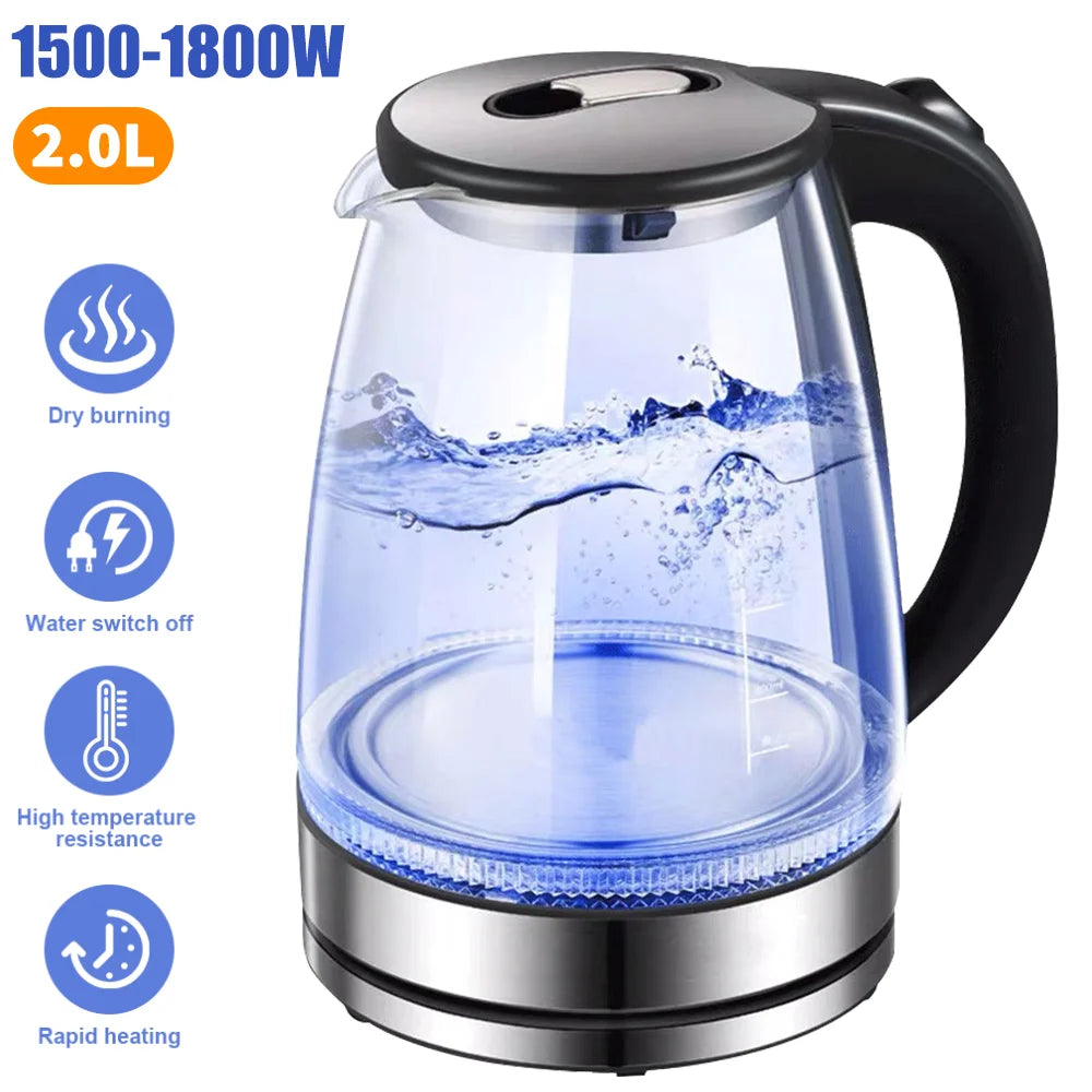 2L 1800W Electric Kettle Glass Fast Boil Blue LED household appliance With Stainless Steel Fast Boiling Portable Jug Security