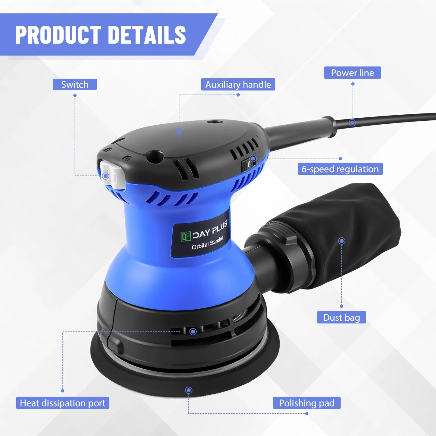 Electric sander, 6-speed track-type sander, suitable for sanding and polishing wood, furniture, metal and car surfaces