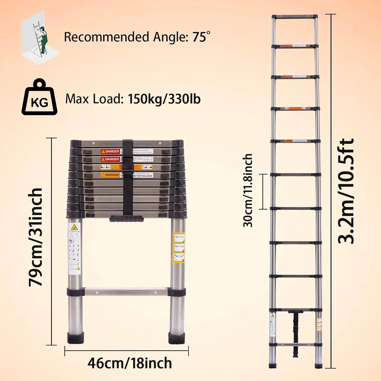 Day Plus Telescoping Ladder Stainless Steel Folding Ladder Portable Extendable Loft Ladder Capacity Max Load 150kg/330lb,EN131