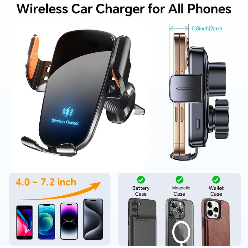 UYUXIO Manual Clamp Wireless Car Charger 15 Fast Charging Air Vent Car Mount Phone Holder for iPhone Samsung Android Phone