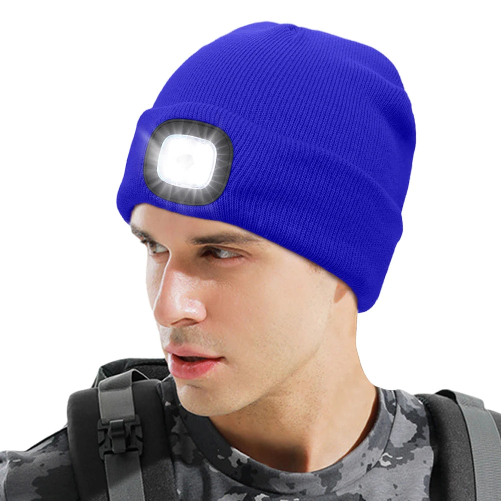 Winter Warm Knit Beanie 8 Hours High Powered Light 4 LED Beanie Hat USB Rechargeable Hands Free Headlamp Cap for Running Hiking