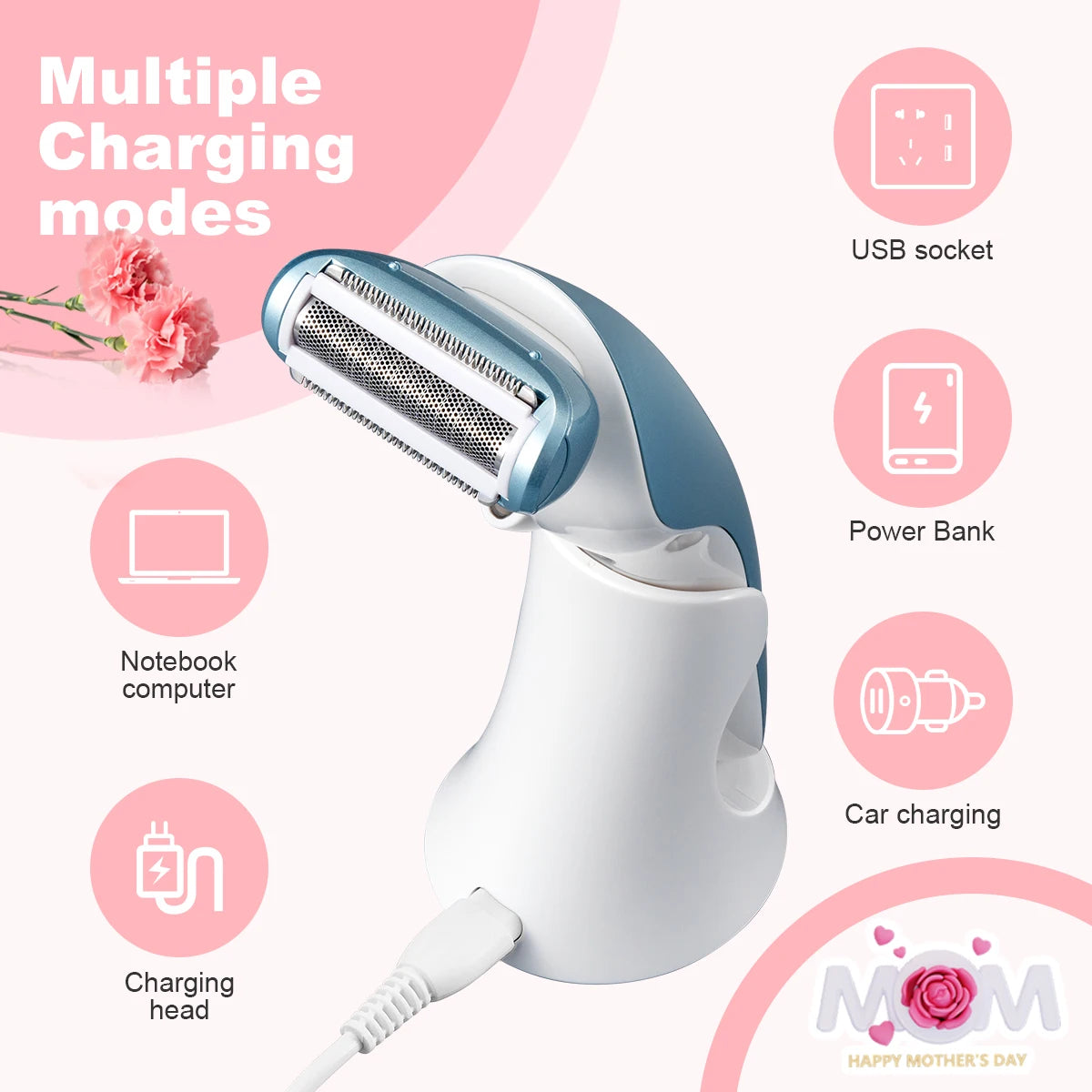 5-in-1 Women's Electric Shaver - Wet and Dry Removal of Face, Eyebrows, Legs and Armpits - Portable Bikini Trimmer, Rechargeable USB Charging, Stainless Steel Blade, Gentle and Effective Shaving, Pink Gift Box Includes, Bikin