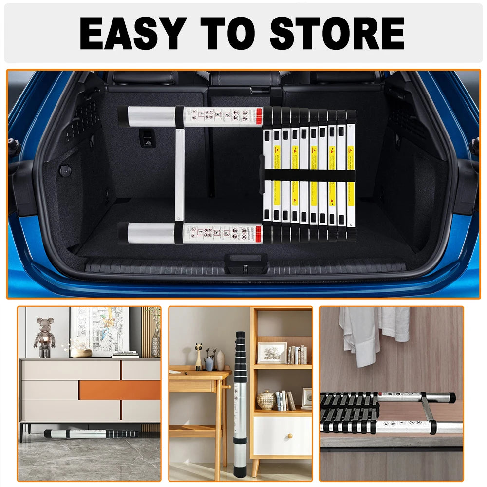 4.4m/5m Telescopic Extension Ladder with 2 Detachable Hooks, Sturdy Stainless Steel EN131 Standard, 150kg Load Capacity