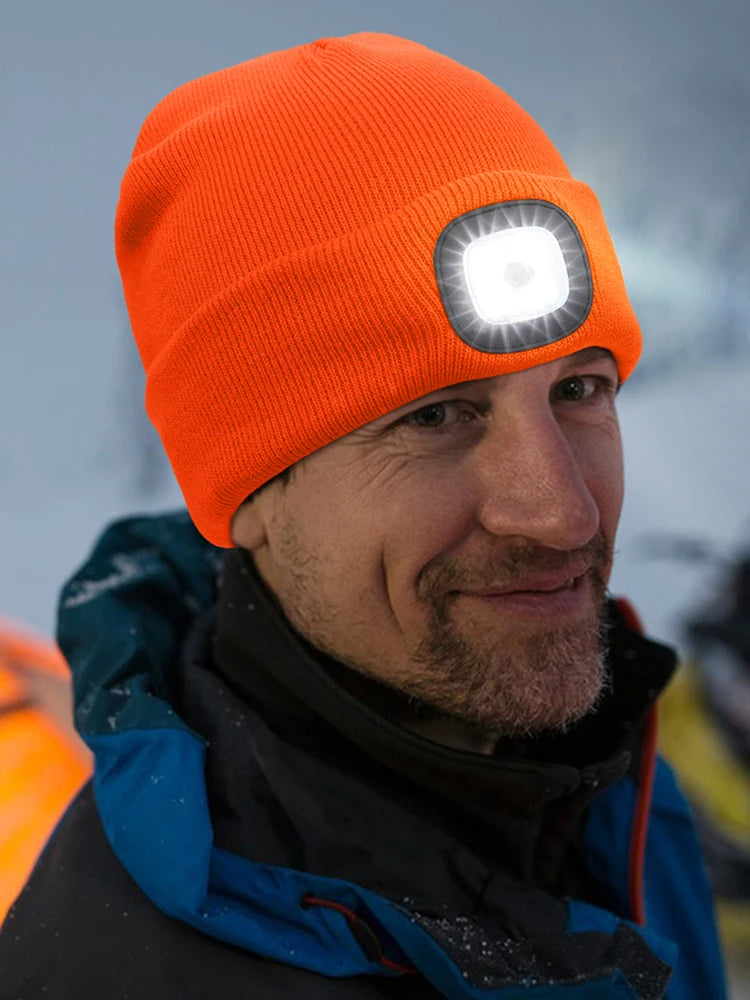 Winter Warm Knit Beanie 8 Hours High Powered Light 4 LED Beanie Hat USB Rechargeable Hands Free Headlamp Cap for Running Hiking