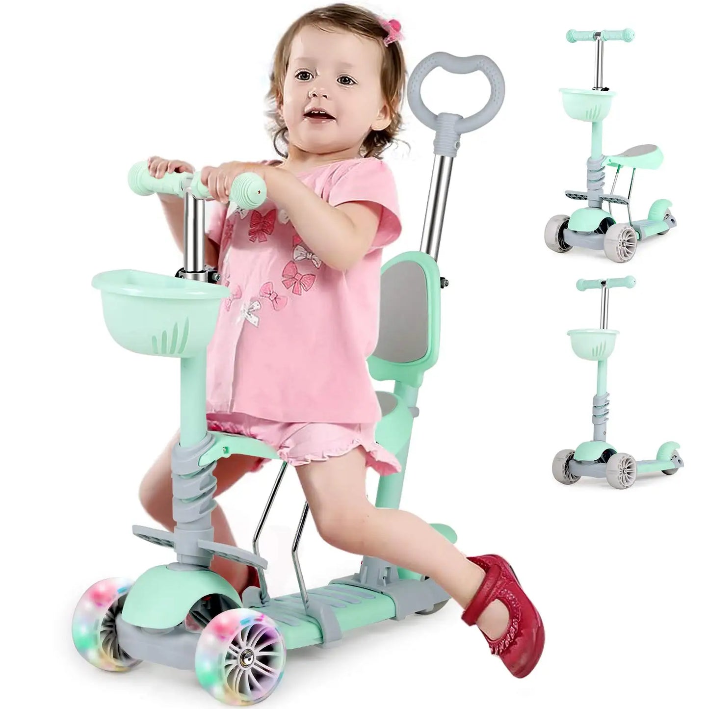 5-in-1 Kids Scooter, 3 Wheels Toddler Kick Scooter with LED Flashing Light UP Wheels, Removable Seat&Adjustable Handlebar