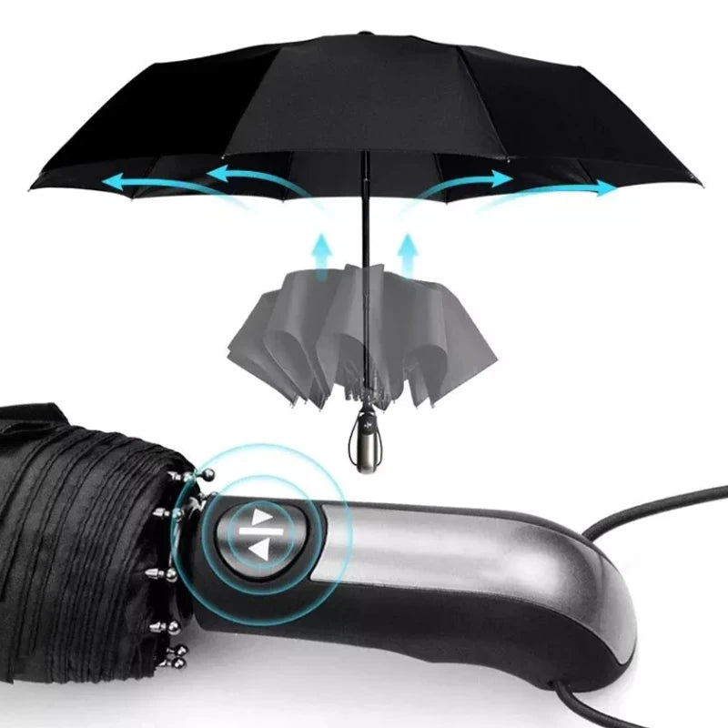 10 Ribs Strong Automatic Umbrella Auto Open Close Travel Compact Windproof Folding Umbrella Black
