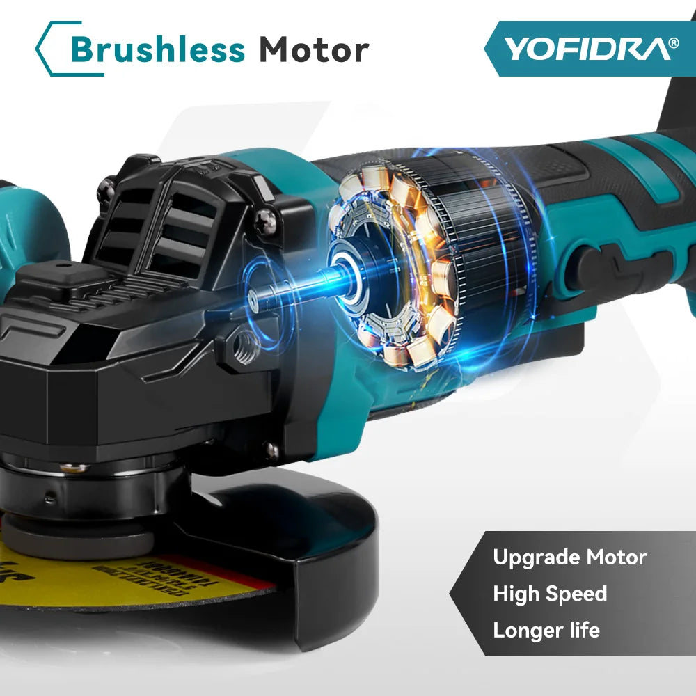 YOFIDRA 2in1 125mm Electric Brushless Angle Grinder 3Gears Woodworking Polisher Cutter Machine Power Tool For Makita Battery Pin