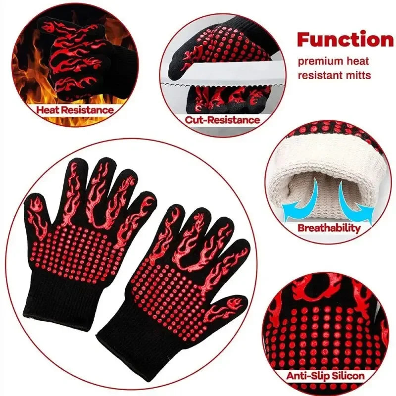 1pc Heat Resistant Oven Gloves Cut Resistant Non-Slip Silicone BBQ Gloves for Kitchen Grill Camping Cookware