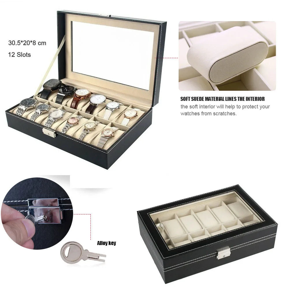 12 Grids PU Leather Watch Display Case Organizer Top Glass Bracelet Jewelry Collection Storage Holder Exquisite Box