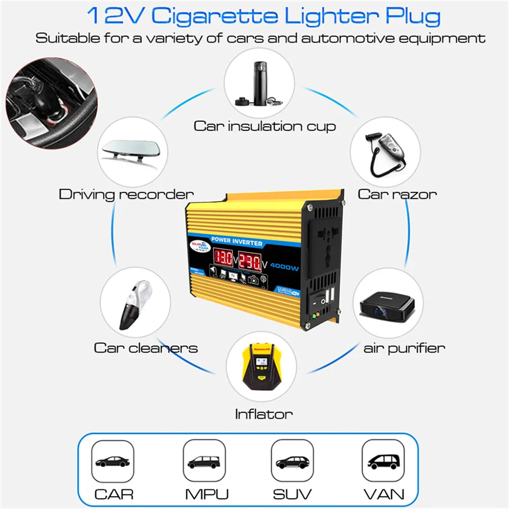 4000W Car Power Inverter DC 12V to AC 220V/110V Dual LCD Digital Display Voltage Transformer Car Charger Converter Adapter