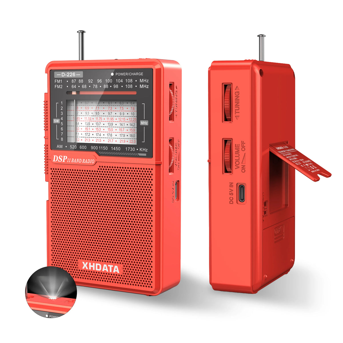 XHDATA D226 Mini Shortwave Radio AM FM SW Portable USB-C Rechargeable Battey Radio LED Flashlight 3.5mm Headphone Jack Stand