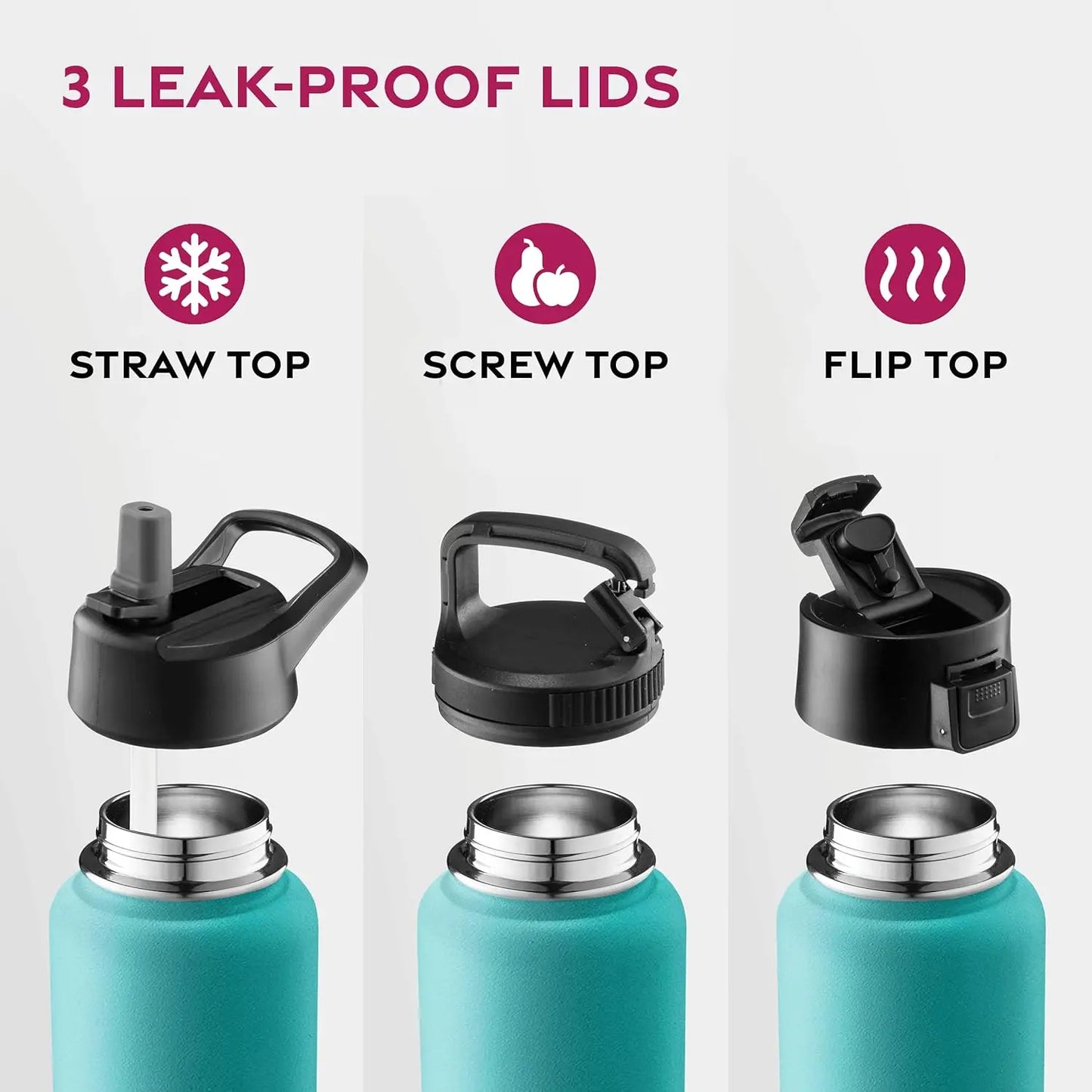 FineDine Triple Walled, Insulated Water Bottles with Straw - 32 Oz Stainless Steel Metal Bottle W/ 3 Leak Proof
