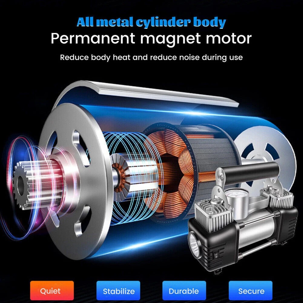 12V Portable Dual Cylinder Air Pump 150PSI Electric Car Tyre Inflator Automotive Inflation Pump Portable Dual Purpose Air Pump