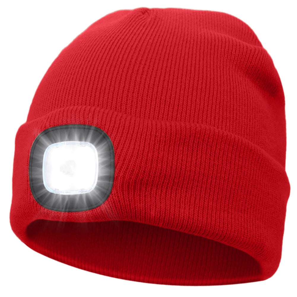 Winter Warm Knit Beanie 8 Hours High Powered Light 4 LED Beanie Hat USB Rechargeable Hands Free Headlamp Cap for Running Hiking