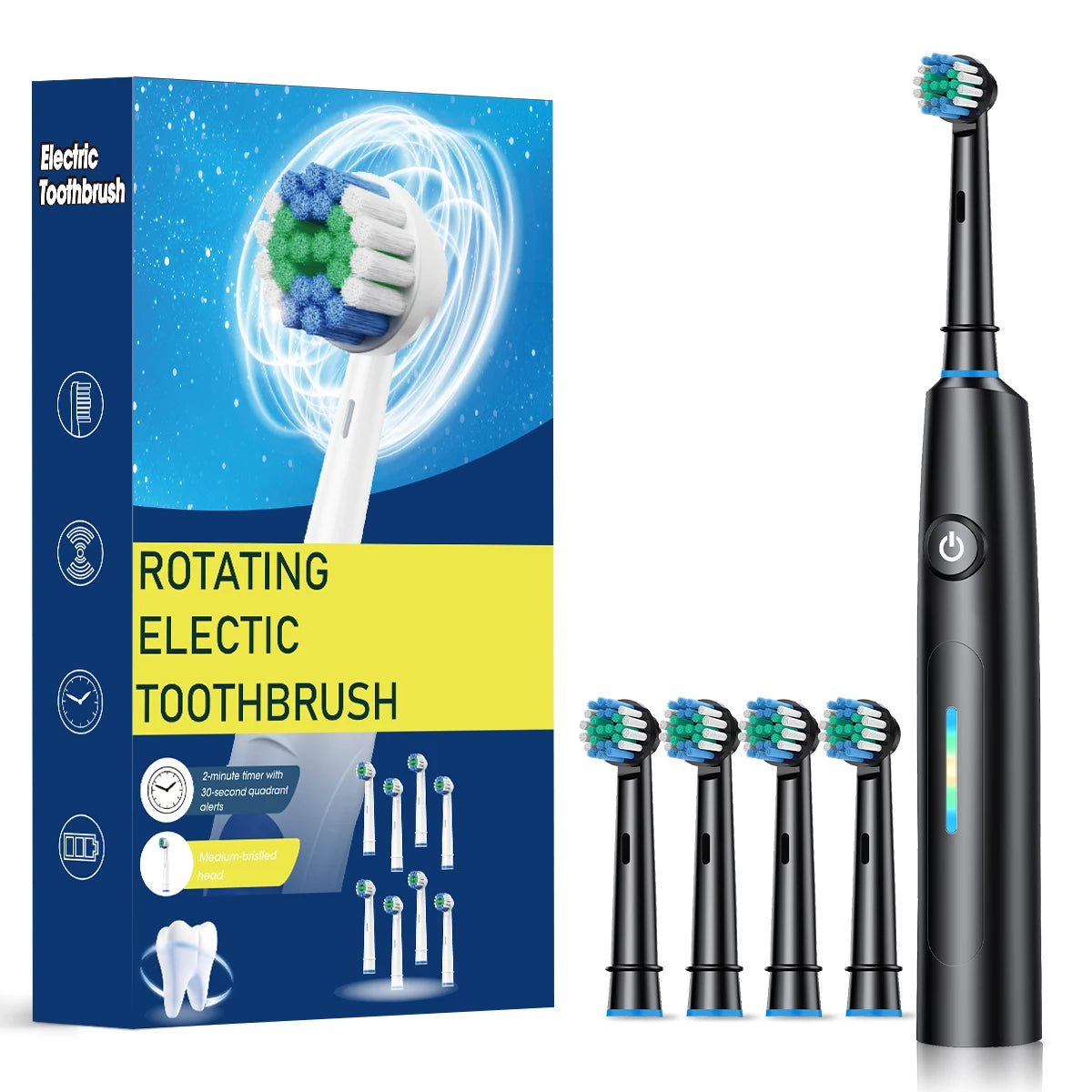 Rotating Electric Toothbrush with 8 Brush Heads with 5 Cleaning Modes Clean Teeth Battery Powered Rechargeable Toothbrush