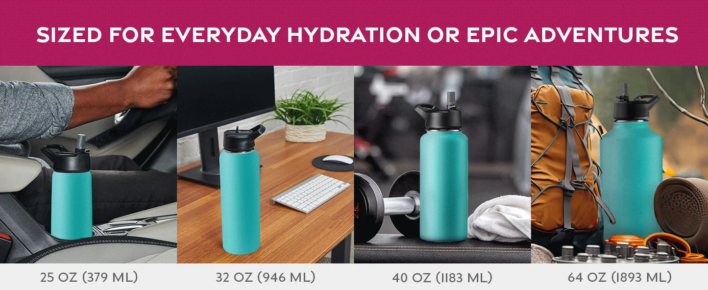 FineDine Triple Walled, Insulated Water Bottles with Straw - 32 Oz Stainless Steel Metal Bottle W/ 3 Leak Proof
