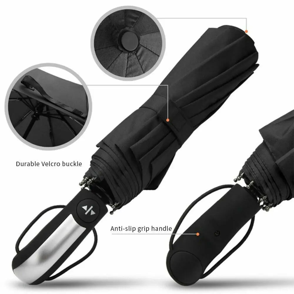 10 Ribs Strong Automatic Umbrella Auto Open Close Travel Compact Windproof Folding Umbrella Black