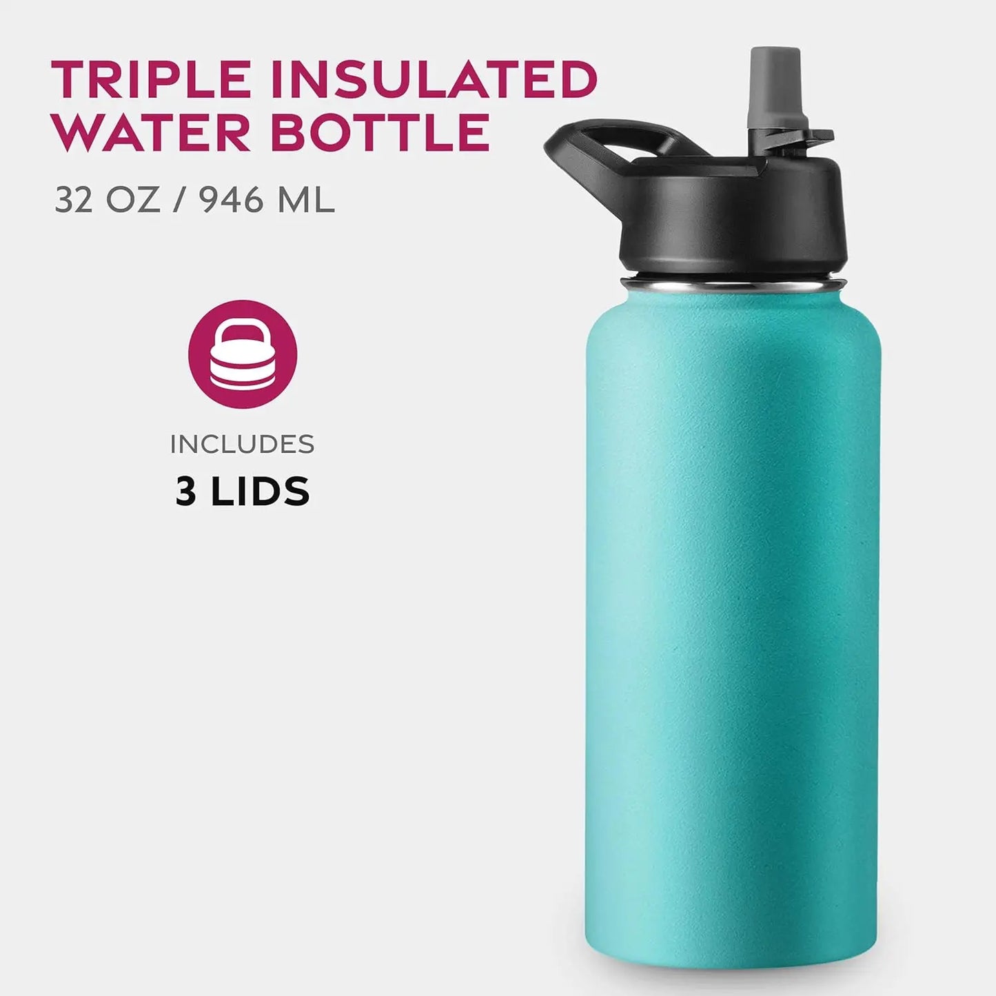FineDine Triple Walled, Insulated Water Bottles with Straw - 32 Oz Stainless Steel Metal Bottle W/ 3 Leak Proof