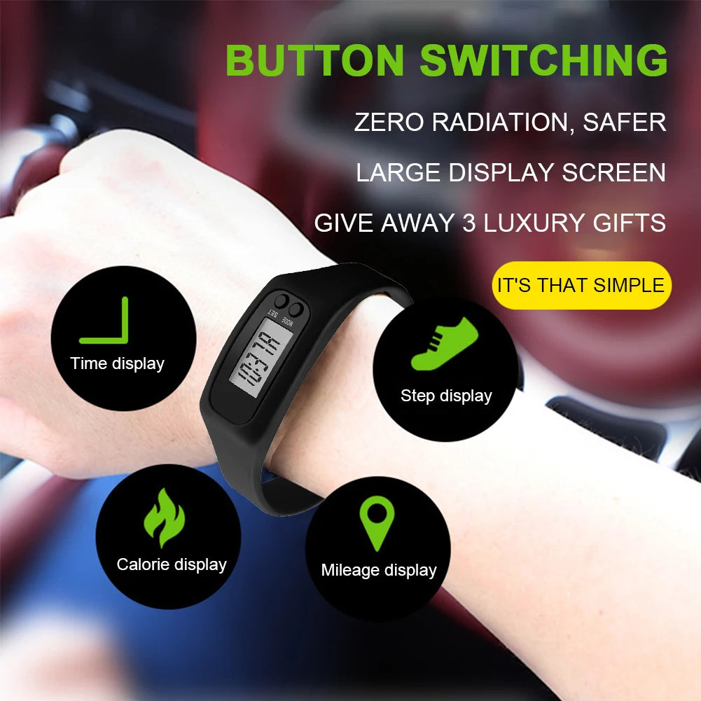 LED Pedometer Bracelet Walking Running Pedometer 12/24H Time Display Silicone Step Tracker Multi-Function for Outdoor Sports