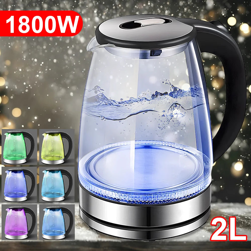 2L 1800W Electric Kettle Glass Fast Boil Blue LED household appliance With Stainless Steel Fast Boiling Portable Jug Security