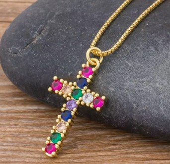 Rainbow Necklace for Women Multicolor Cubic Zirconia Round Pendant Necklace Gold Plated Charm Jewelry Adjustable Long Chain Birthday Party Gift