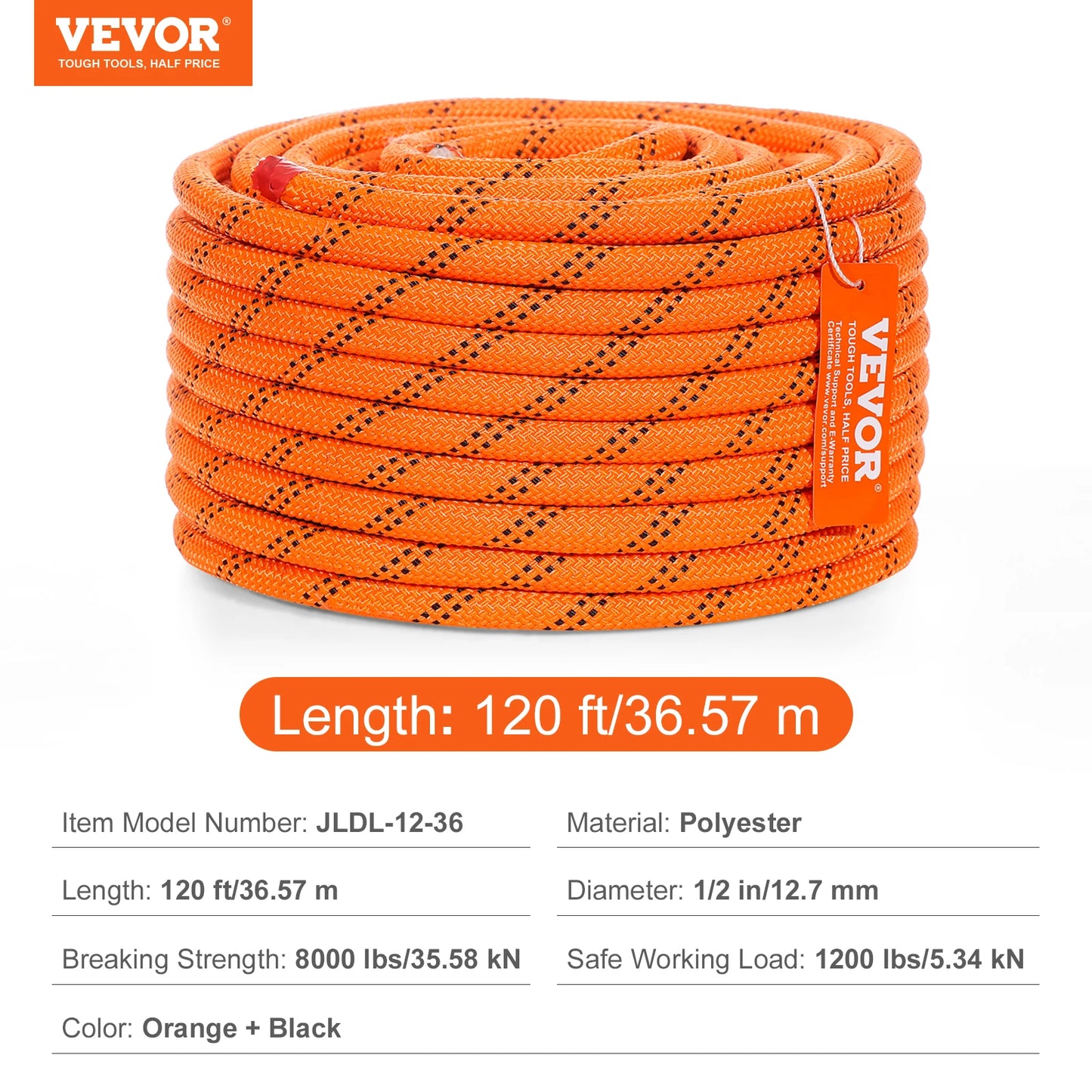 SucceBuy 120ft Dual-Weave Polyester Cord 3/8 1/2in 48-Strand Multi-Use Rope for Arborist Activities Outdoor Adventures Versatile