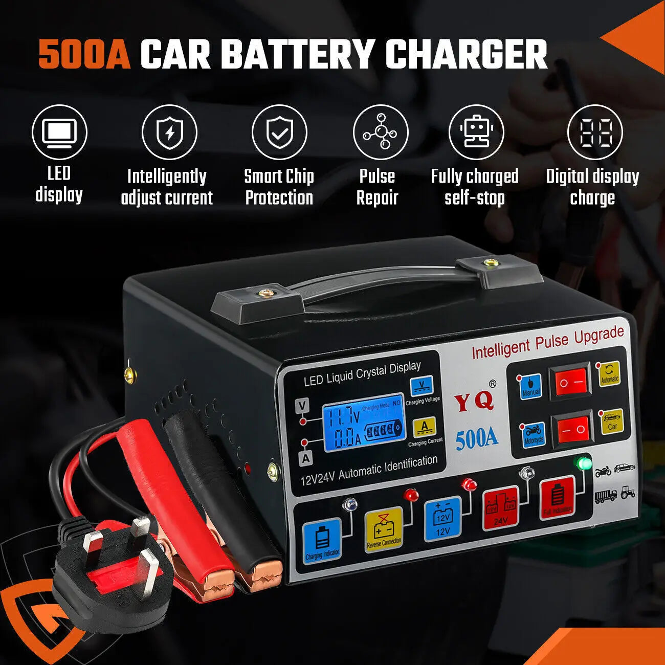 500A 12V/24V Heavy Duty Automatic Car Battery Charger Smart Pulse Repair Trickle