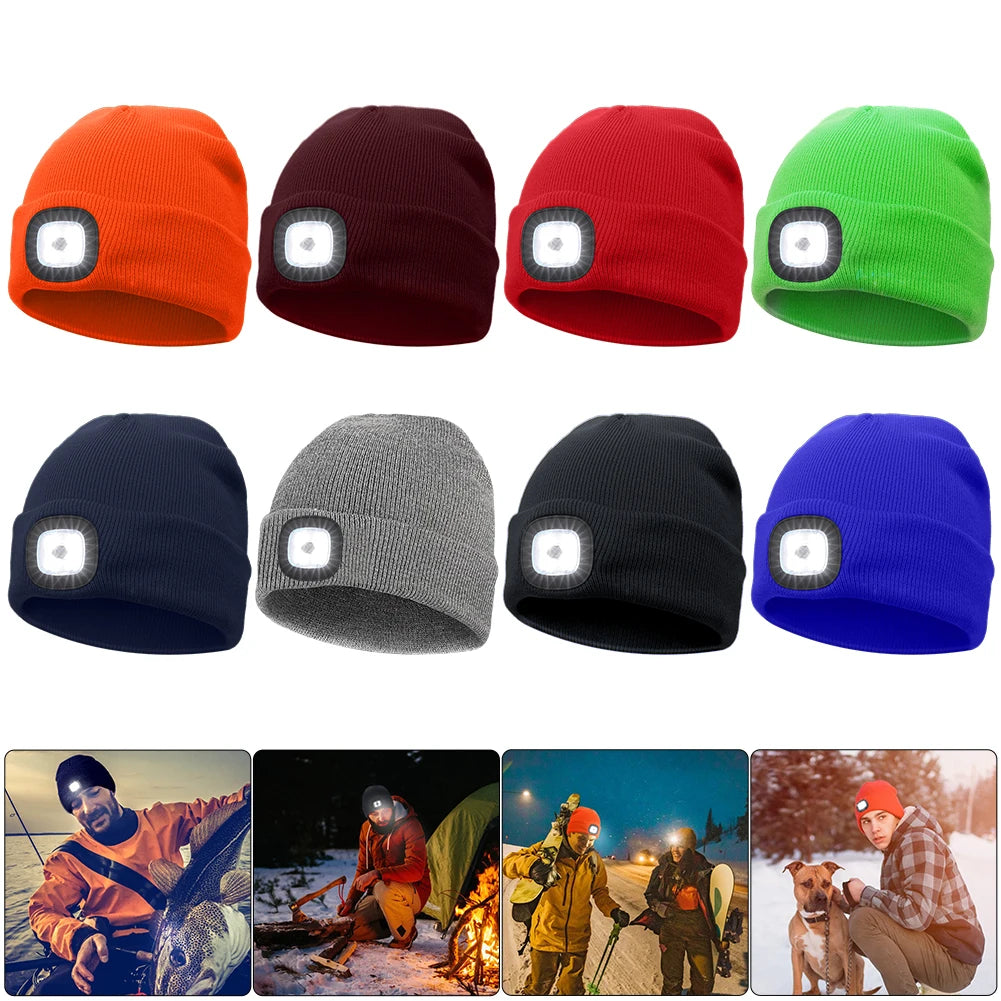 Winter Warm Knit Beanie 8 Hours High Powered Light 4 LED Beanie Hat USB Rechargeable Hands Free Headlamp Cap for Running Hiking