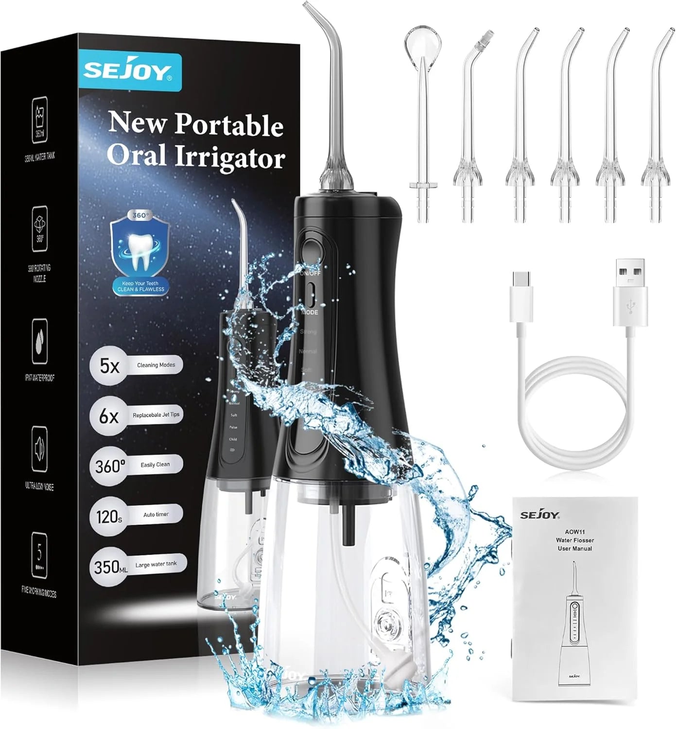 SEJOY Dental Oral lrrigator for Men Women Teeth Cleaner Portable Dental Water Flosser 4 Modes IPX7 Mouth Washing Machine