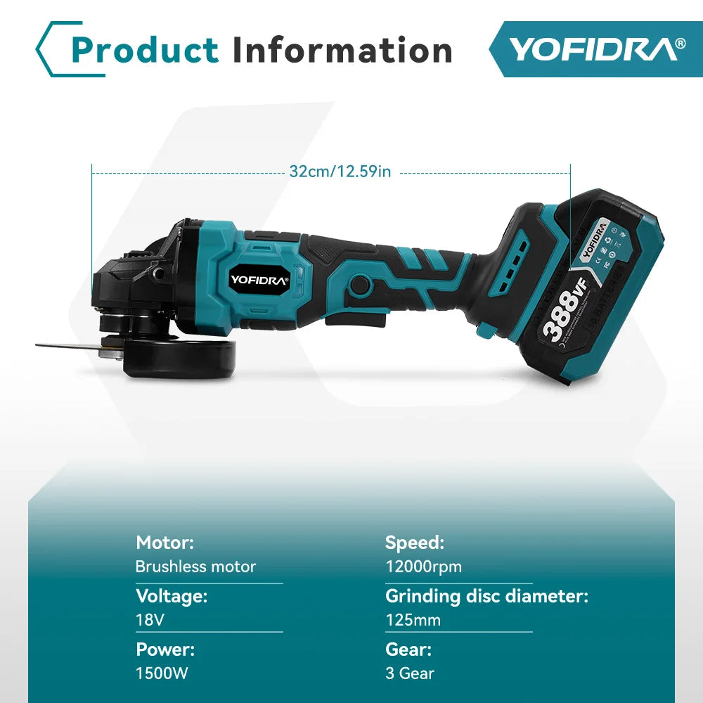 YOFIDRA 2in1 125mm Electric Brushless Angle Grinder 3Gears Woodworking Polisher Cutter Machine Power Tool For Makita Battery Pin