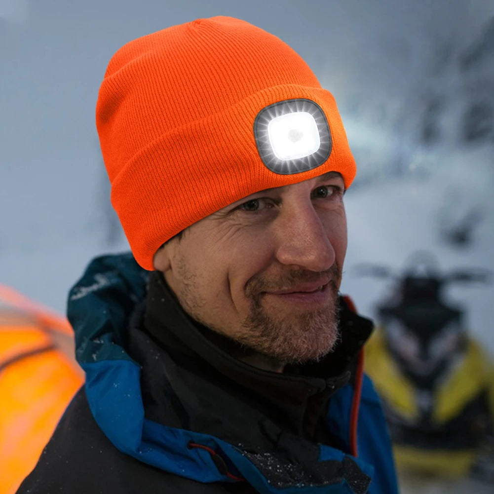 Winter Warm Knit Beanie 8 Hours High Powered Light 4 LED Beanie Hat USB Rechargeable Hands Free Headlamp Cap for Running Hiking