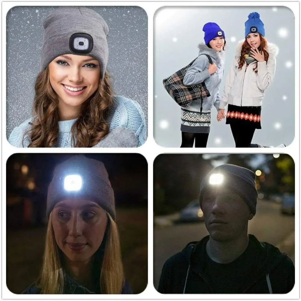 Unisex Winter Knitted Knit Hat Beanie Cap Comfy Woolly Warm Plain LED Head Torch